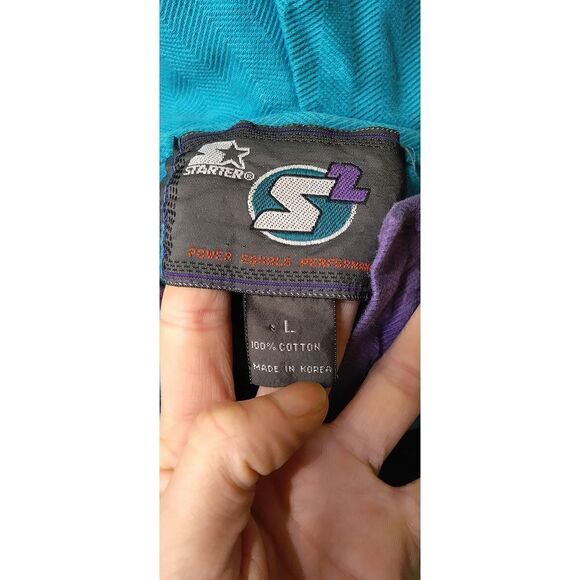 VINTAGE RETRO FIRST STARTER COTTON SIZE LARGE HOODY AQUA PURPLE BLACK PULLOVER - Picture 5 of 7